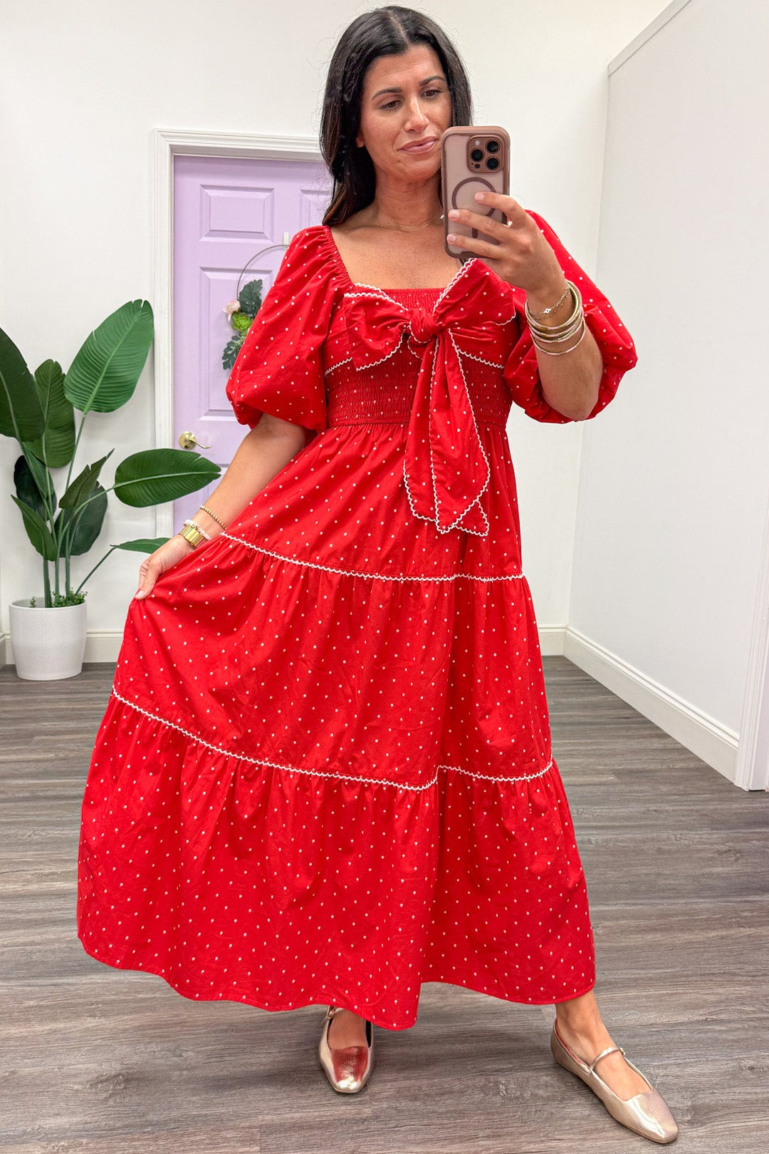 red with white polka dot print short sleeve tiered flowy midi dress