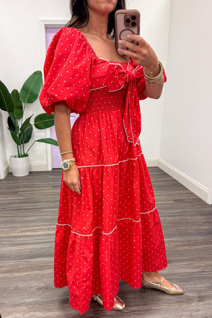 red with white polka dot print short puff sleeve tiered midi dress