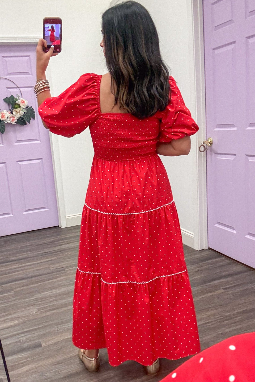red with white polka dot print bow front tiered scallop trim midi dress