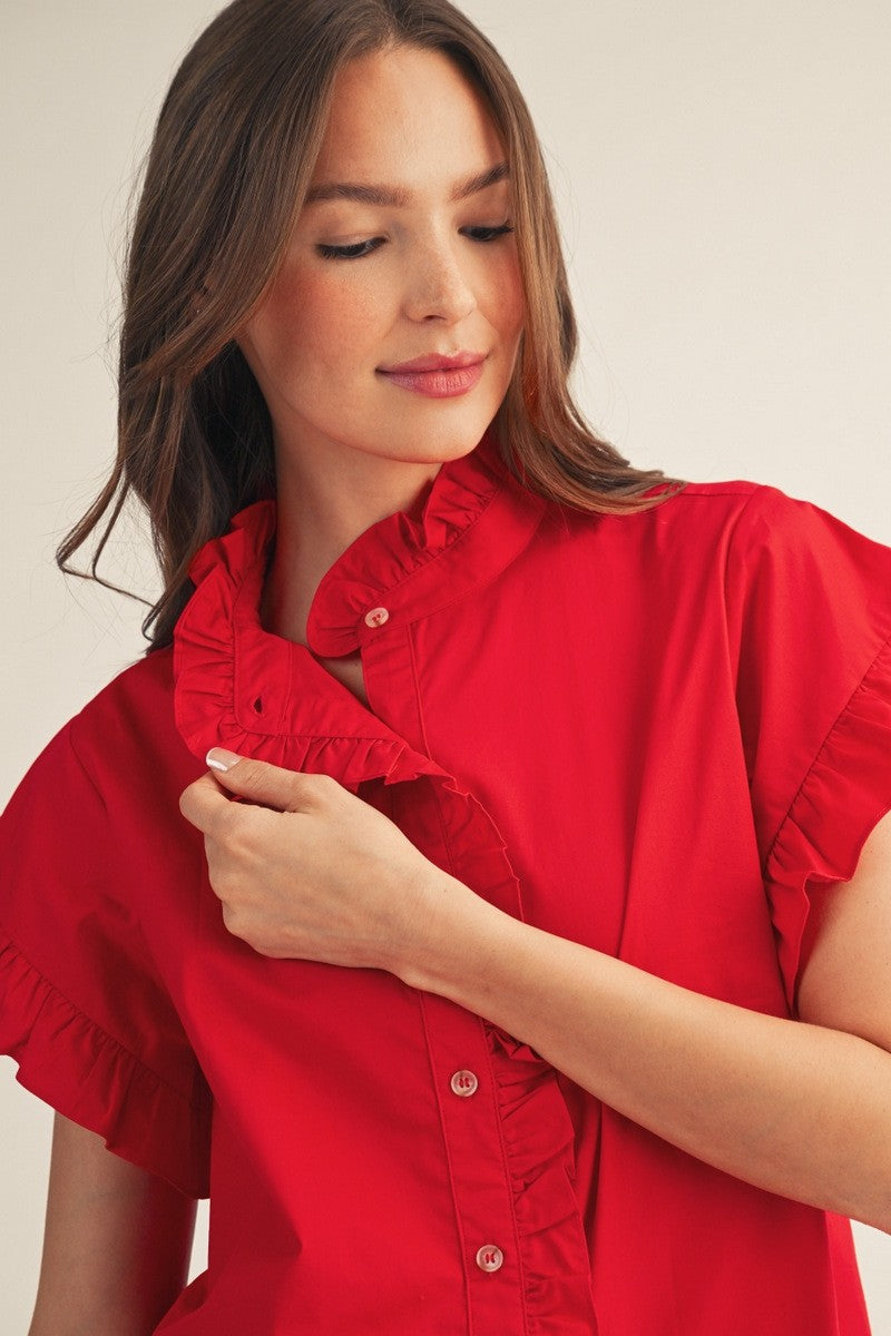 red poplin cotton ruffled trim top details