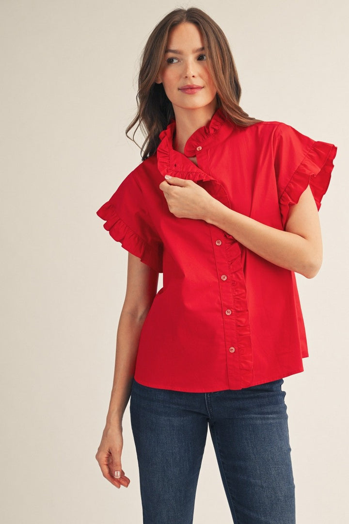 red poplin cotton ruffled trim top
