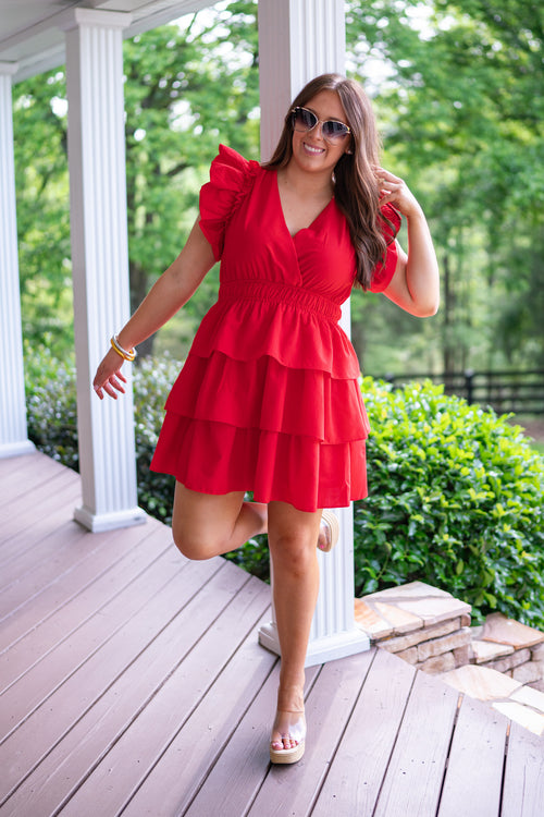 red tiered cocktail attire dress