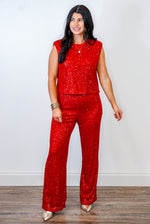 red sequin pants set
