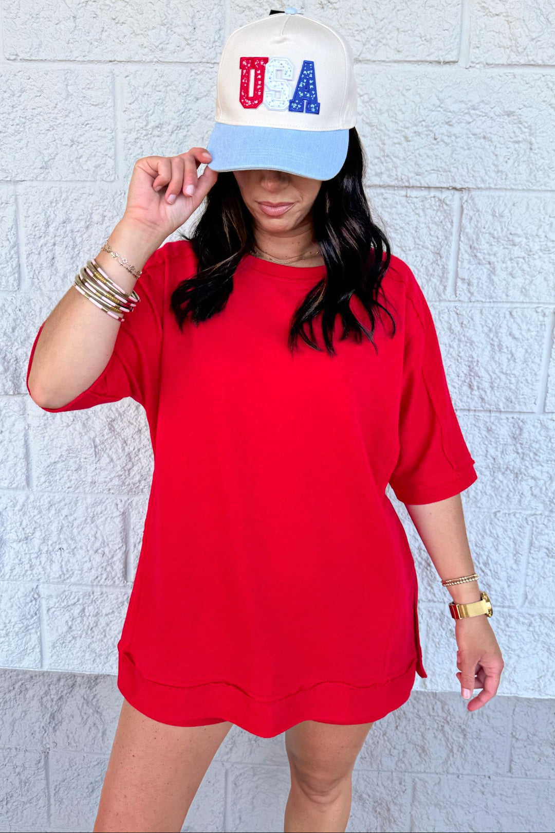 solid red short sleeve french terry knit oversized top