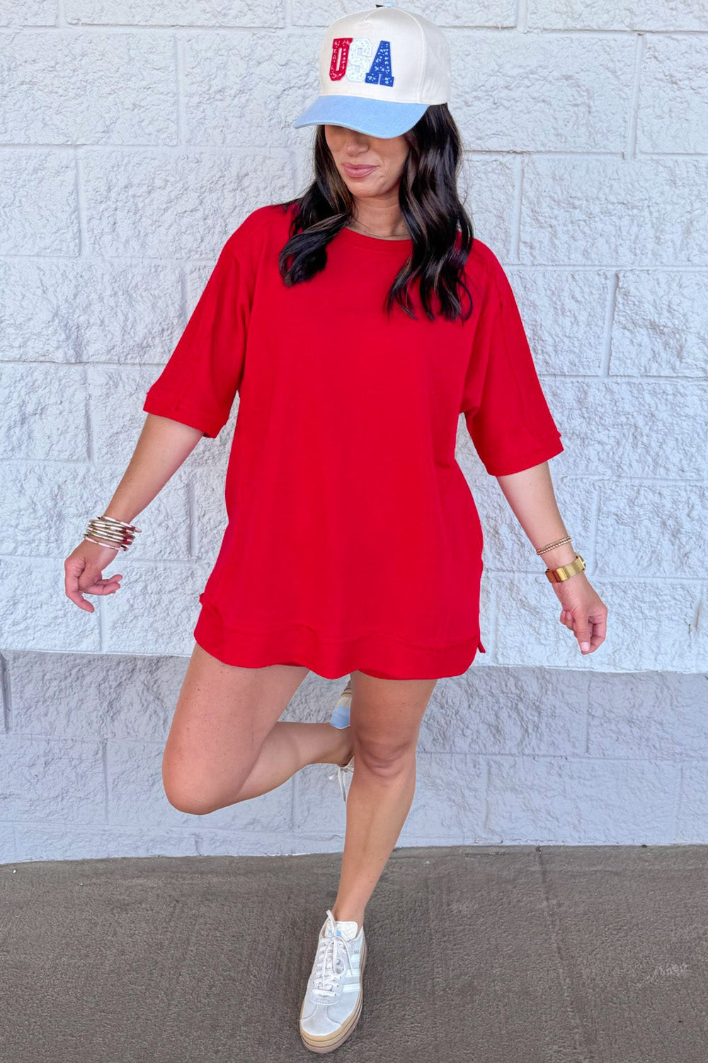 solid red short sleeve french terry knit athleisure top