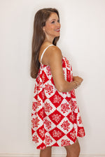 red white boho print summer dress