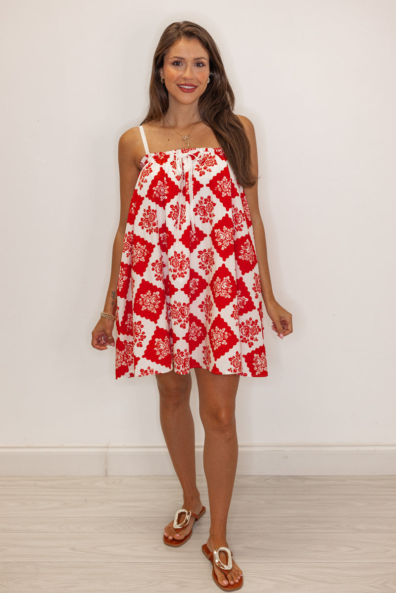 red white boho print summer dress