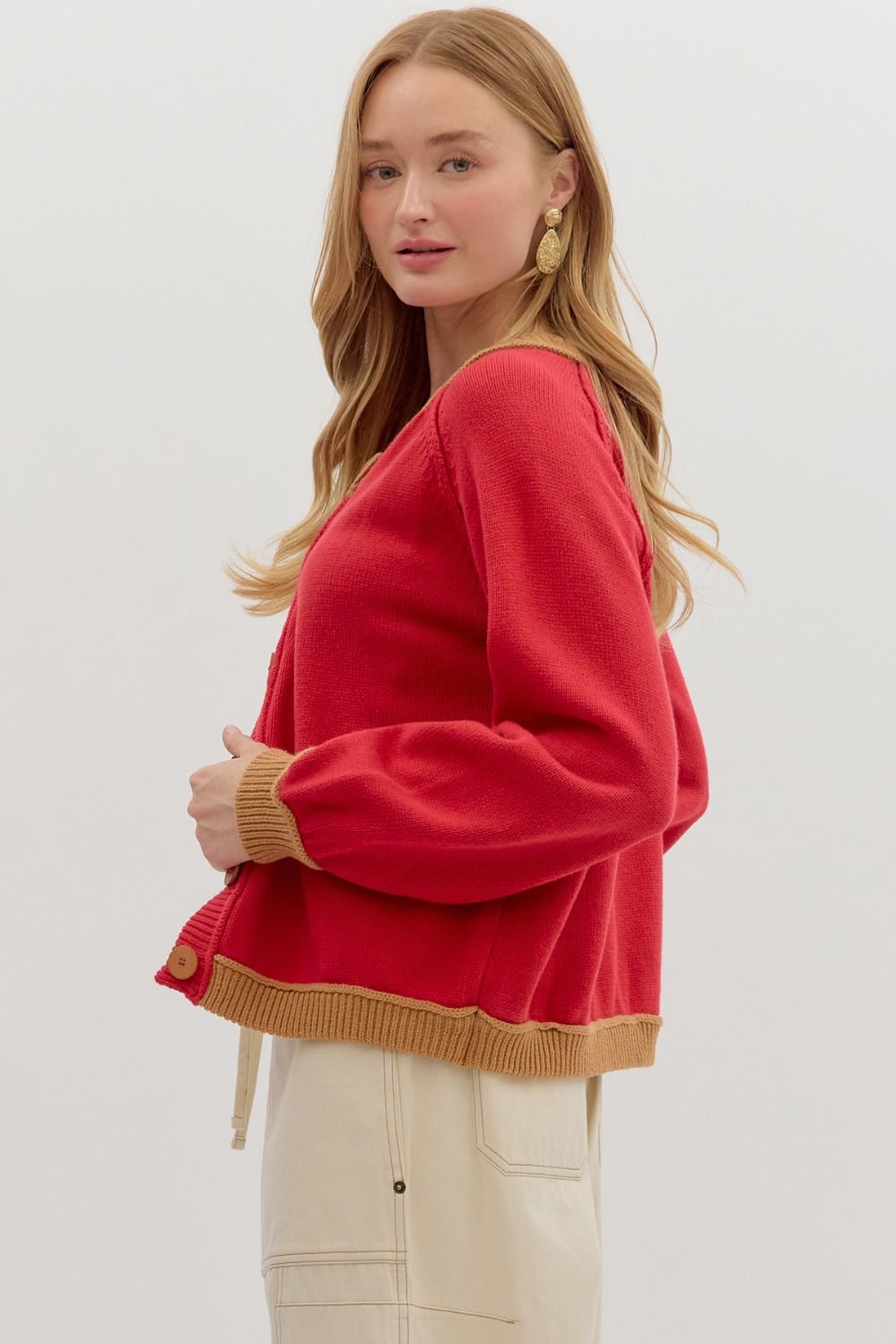 Women's red button front sweater cardigan with caramel trim by Entro showing side view