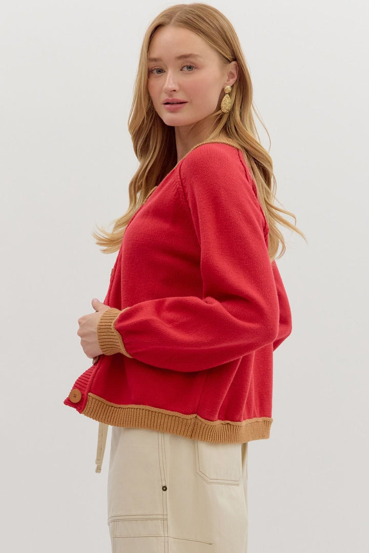 Women's red button front sweater cardigan with caramel trim by Entro showing side view
