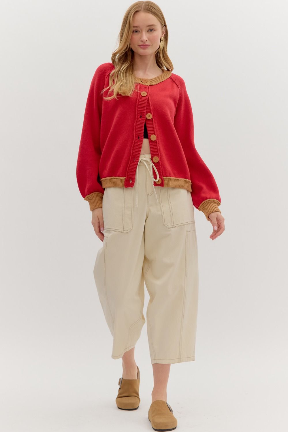 Women's red button front sweater cardigan with caramel trim by Entro showing full front view