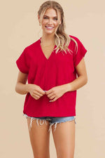 Jodifl Red v neck textured pleated satin top