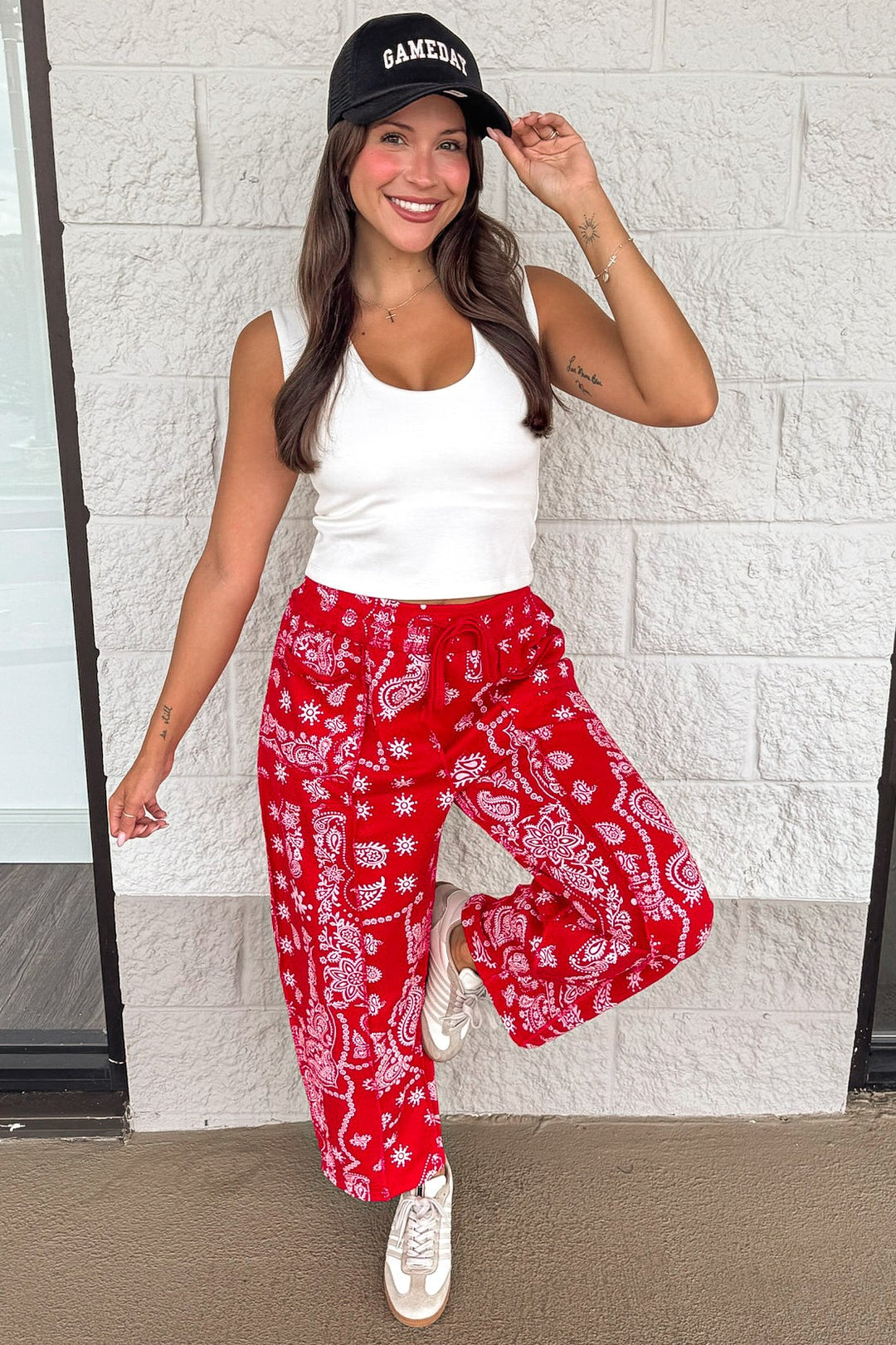 red and white bandana print wide leg elastic waist french terry knit cropped barrel pants