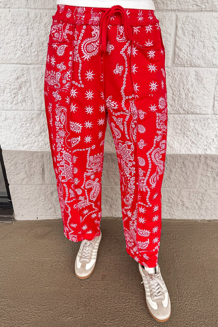 red and white bandana print wide leg drawstring french terry knit cropped barrel pants