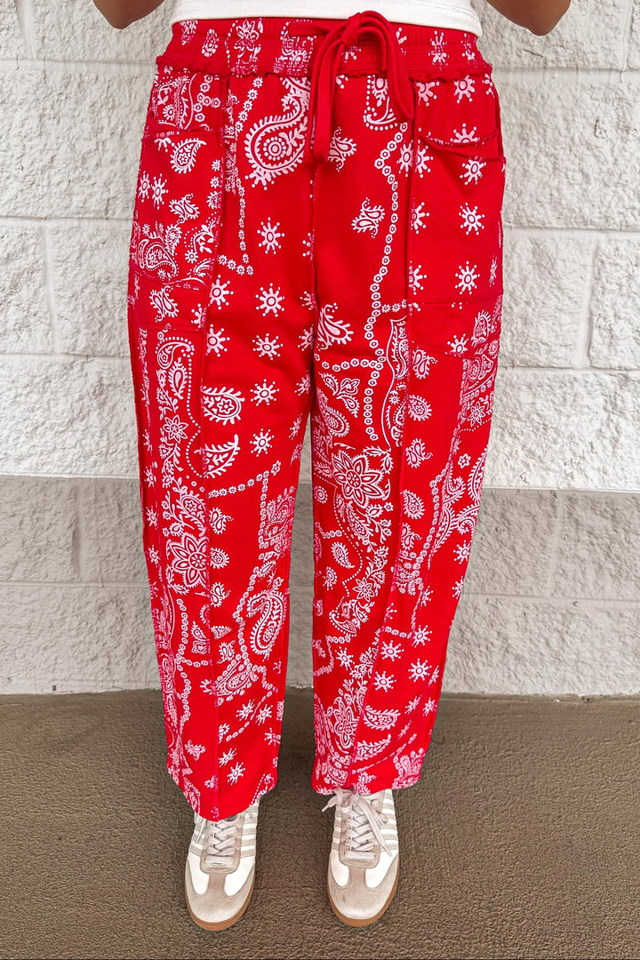 red and white bandana print wide leg knit cropped barrel pants with layered front pockets