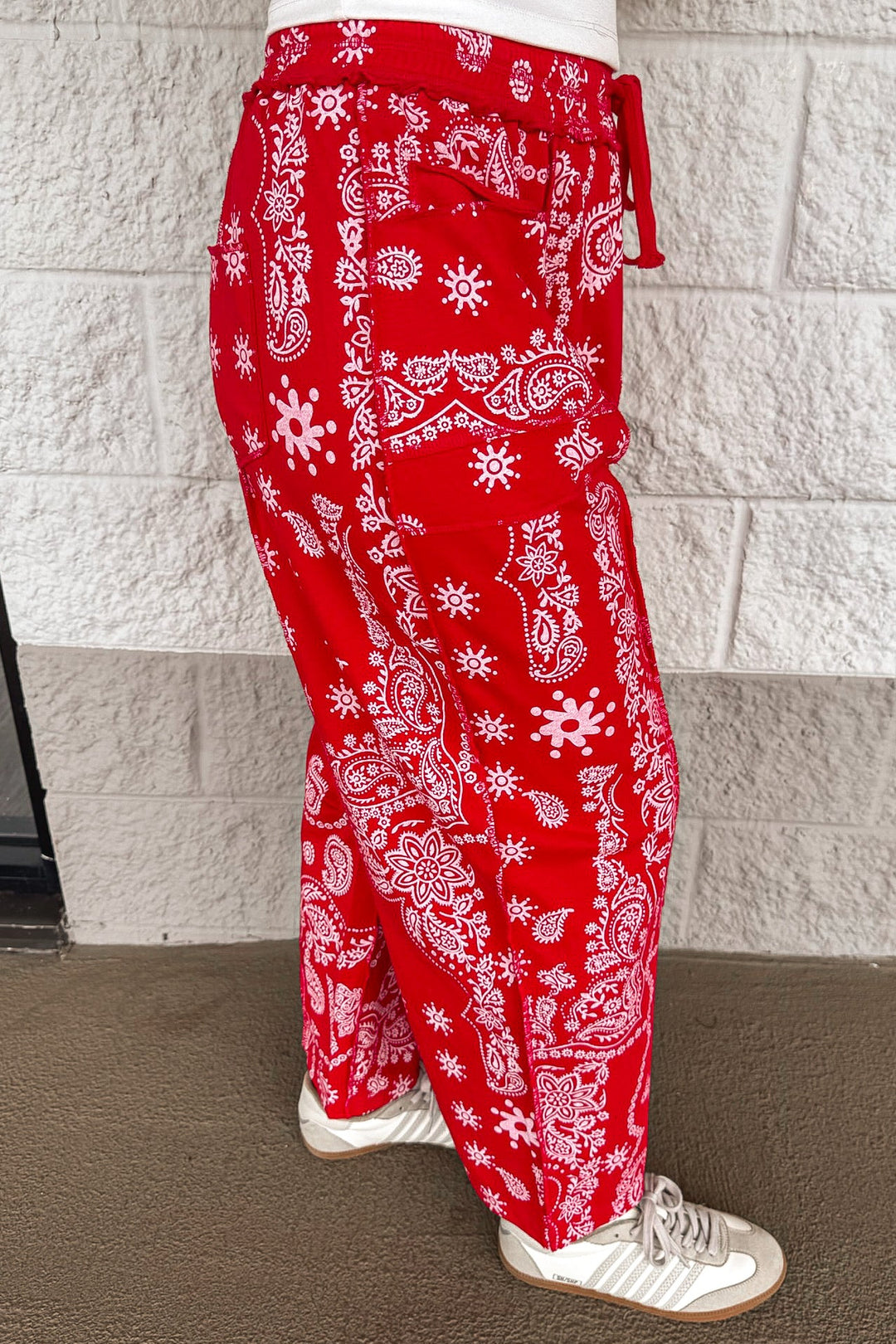 red and white bandana print wide leg knit cropped barrel pants with reverse seam details