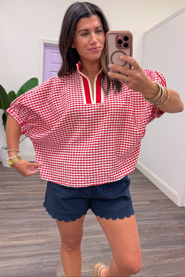 red and white gingham checkered short sleeve relaxed silhouette top