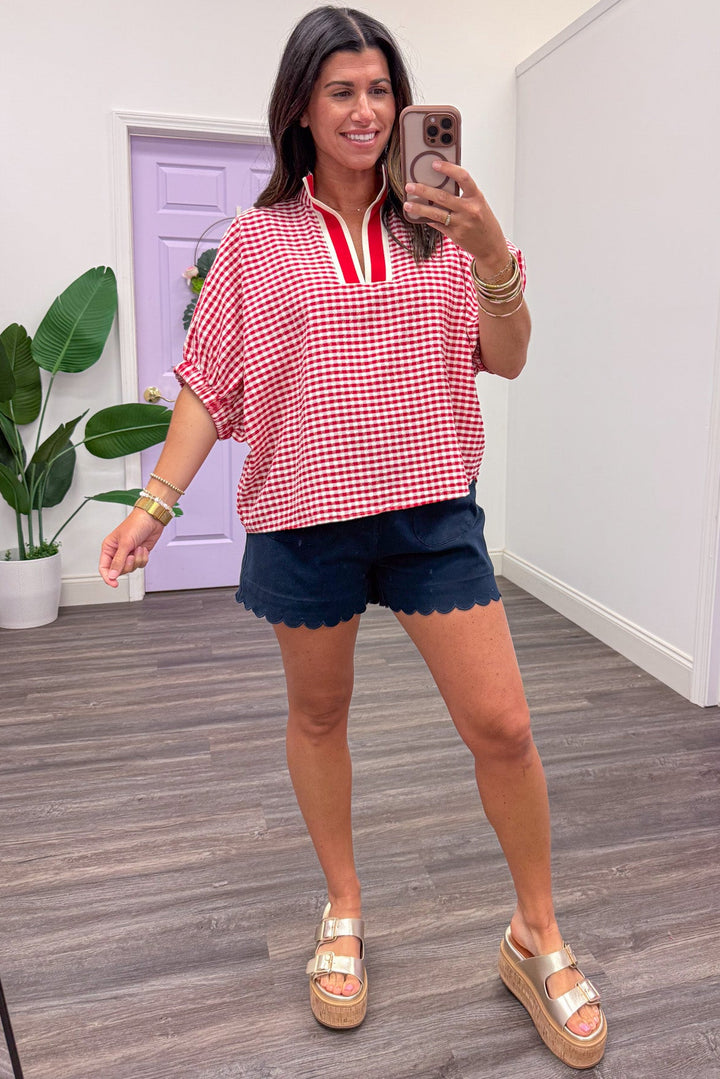 red and white gingham checkered print short sleeve v neckline top