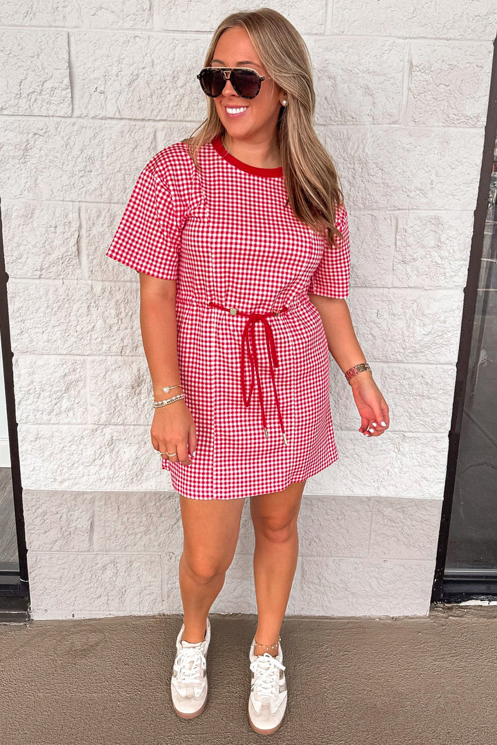 red and white gingham checkered print cinch waist crew neckline knit short dress
