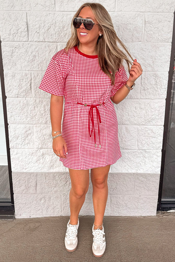 red and white gingham checkered print cinch waist luxe knit short dress
