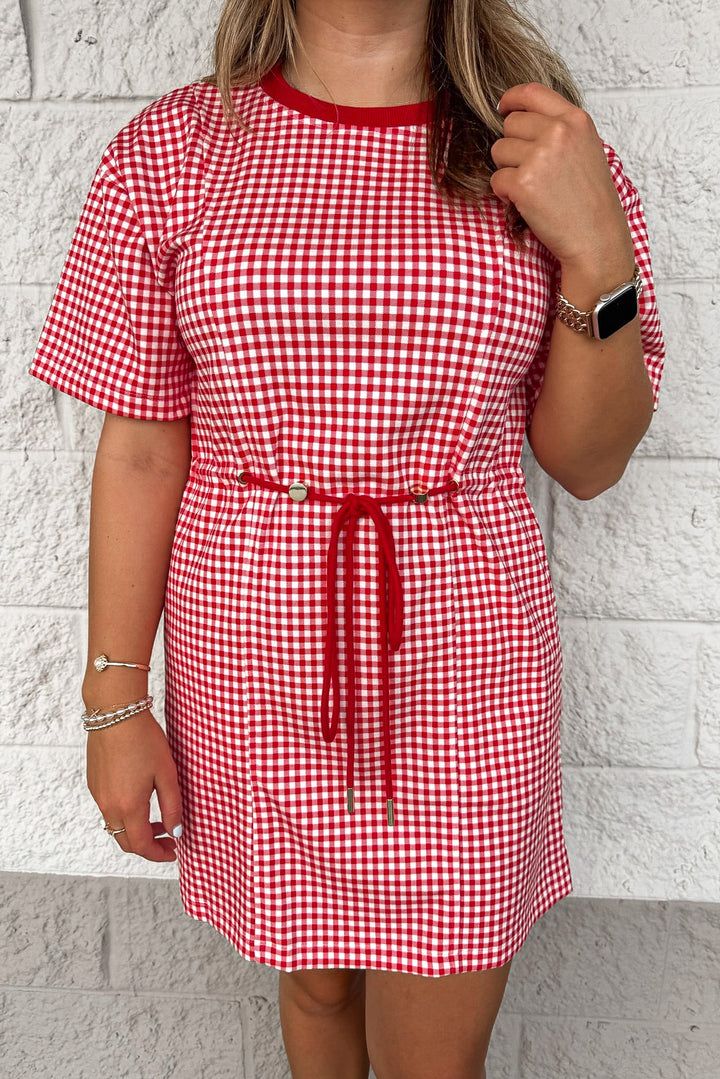 red and white gingham checkered print adjustable tie cinch waist knit short dress