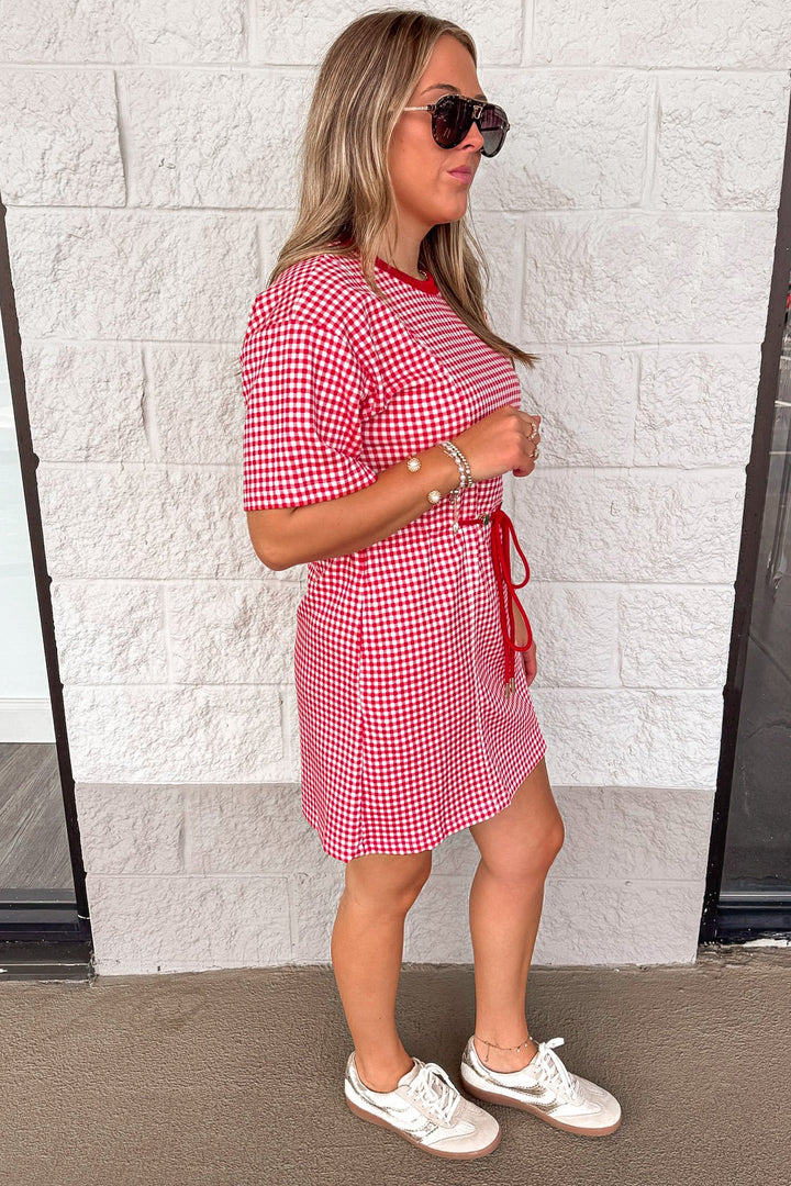 red and white gingham checkered print cinch waist drop shoulder short sleeve knit short dress