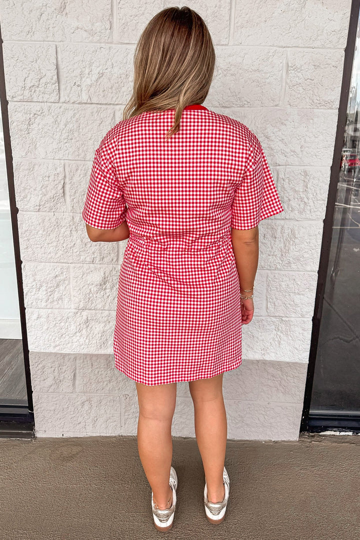 red and white gingham print cinch waist knit short dress