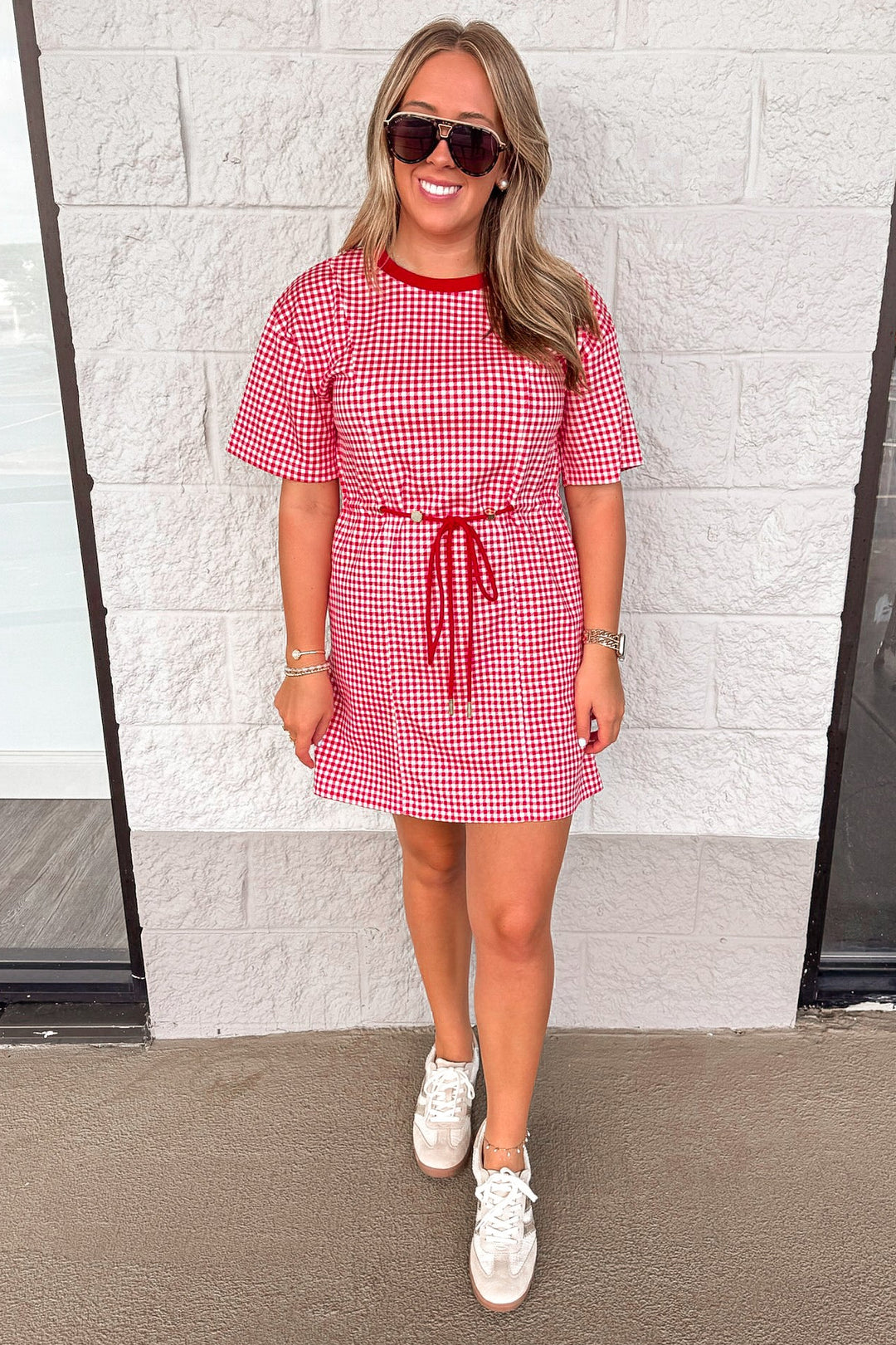 red and white gingham checkered print cinch waist knit short dress