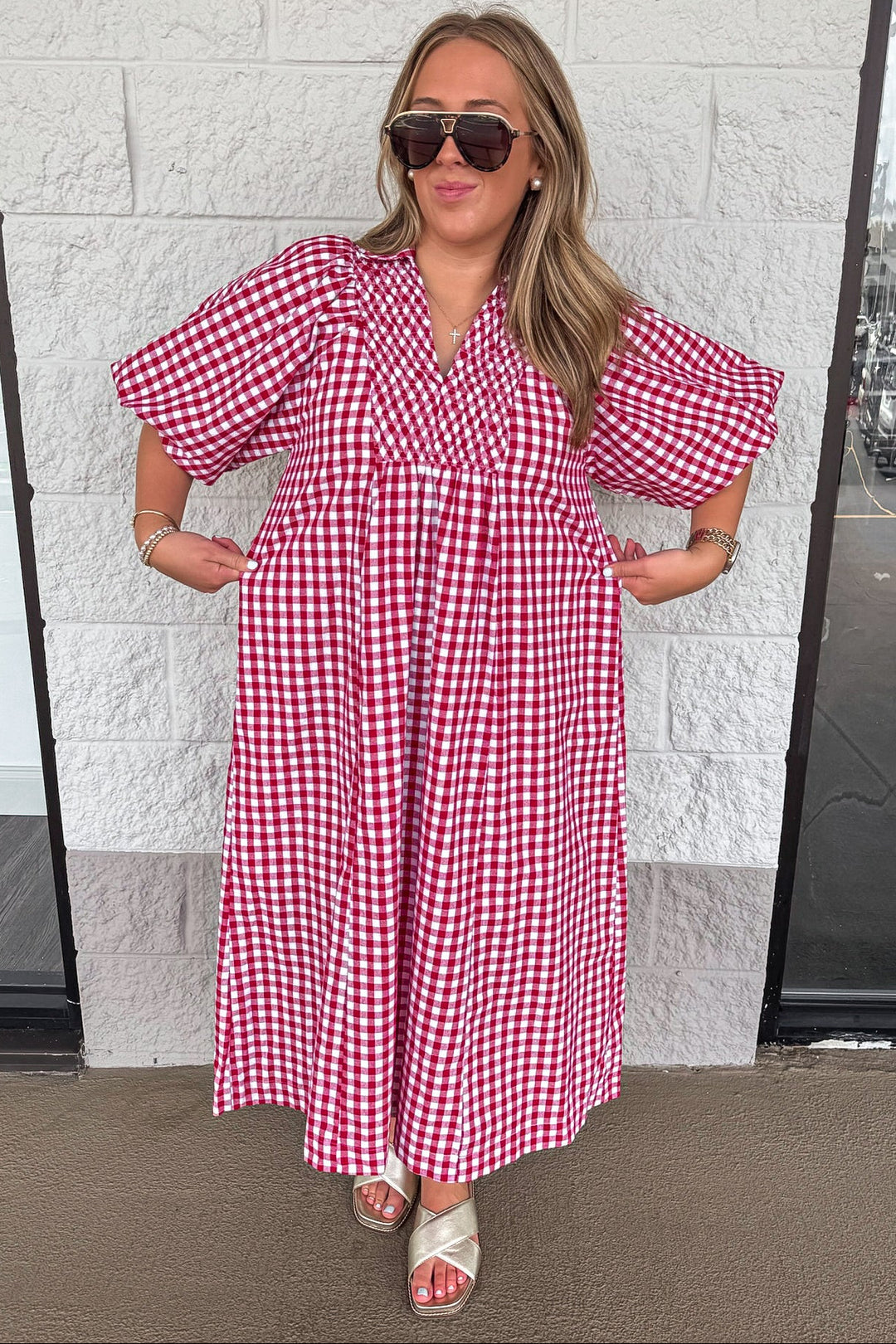 deep red and off white gingham checkered print short sleeve relaxed silhouette maxi dress