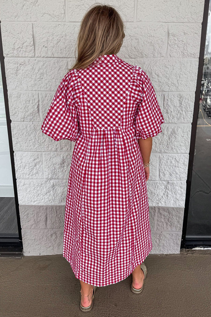 red and off white gingham checkered print short sleeve maxi dress