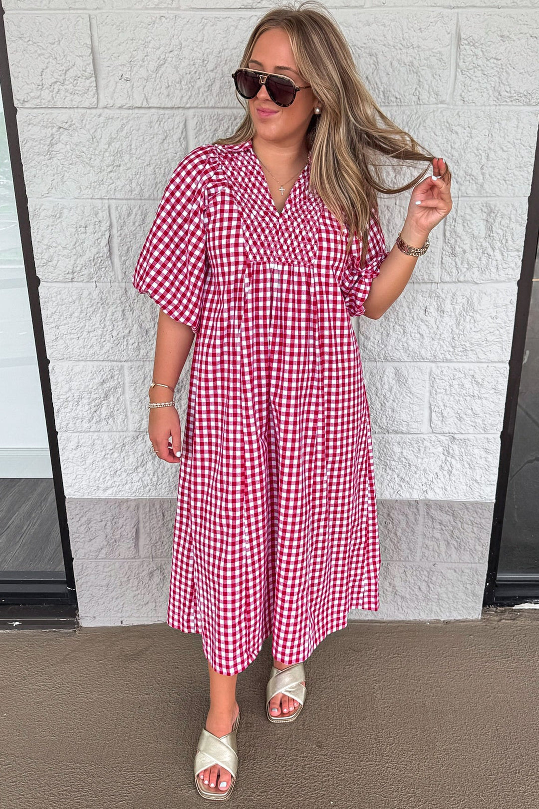 deep red and off white gingham checkered print short sleeve maxi dress