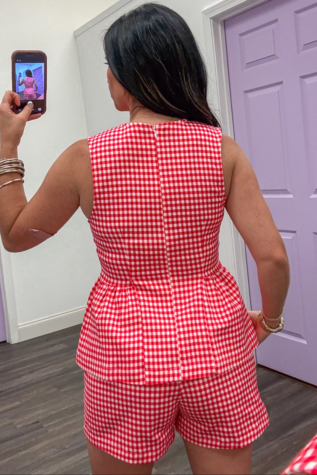 red and white gingham checkered print sleeveless back zipper closure peplum top