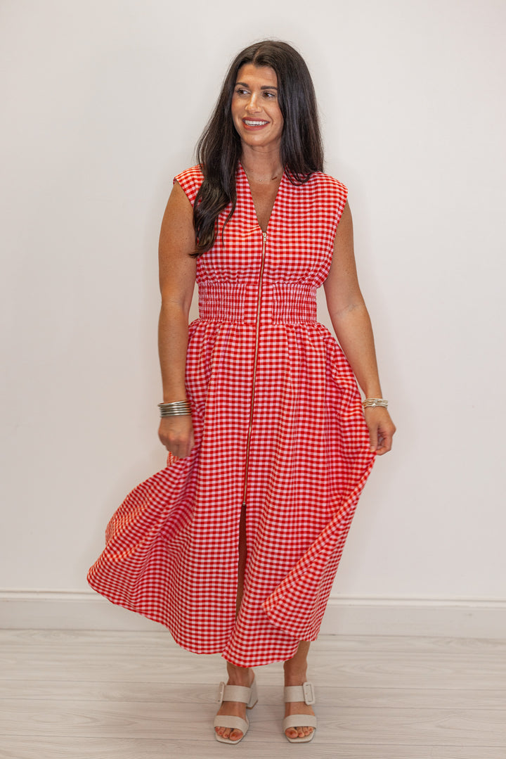 red white gingham smocked waist midi dress