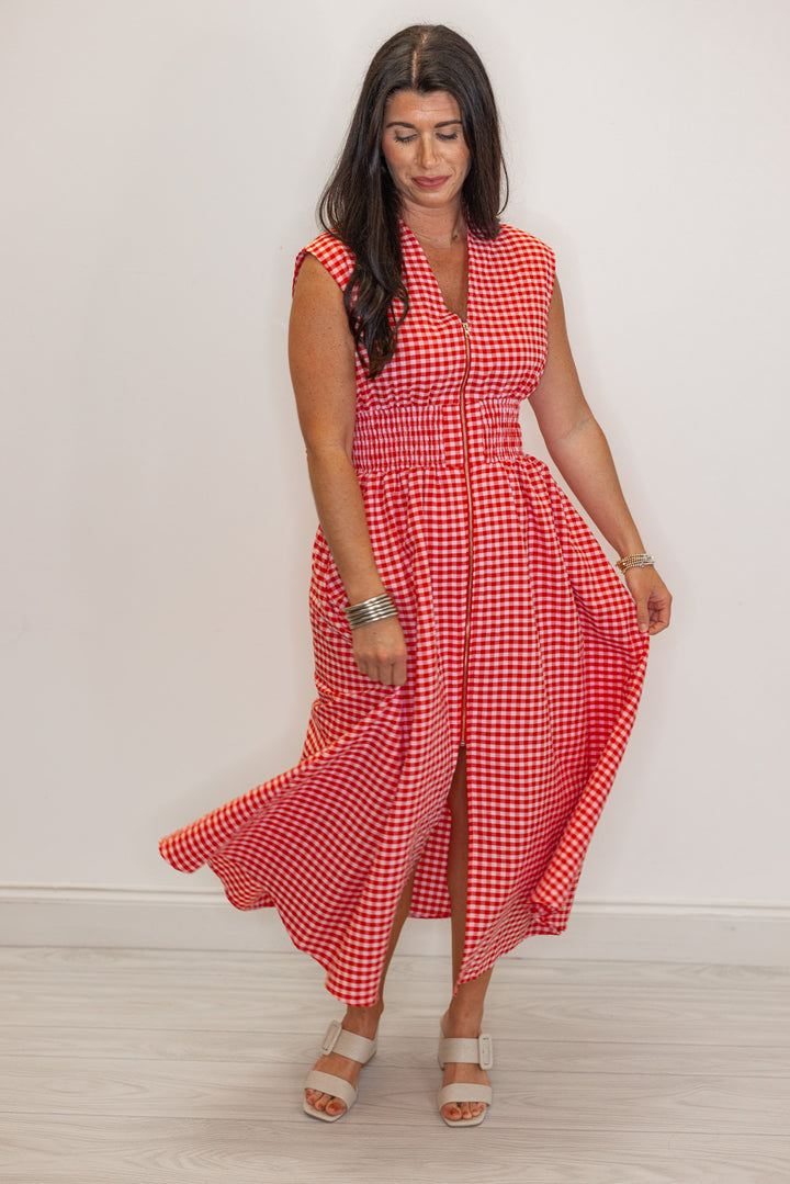 red white gingham smocked waist midi dress