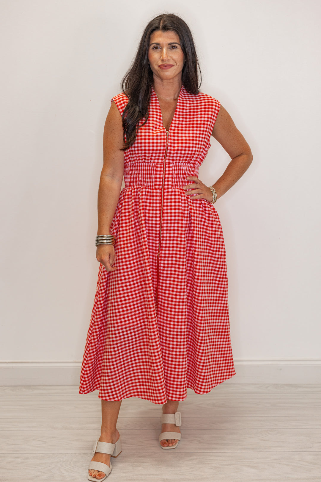 red white gingham smocked waist midi dress