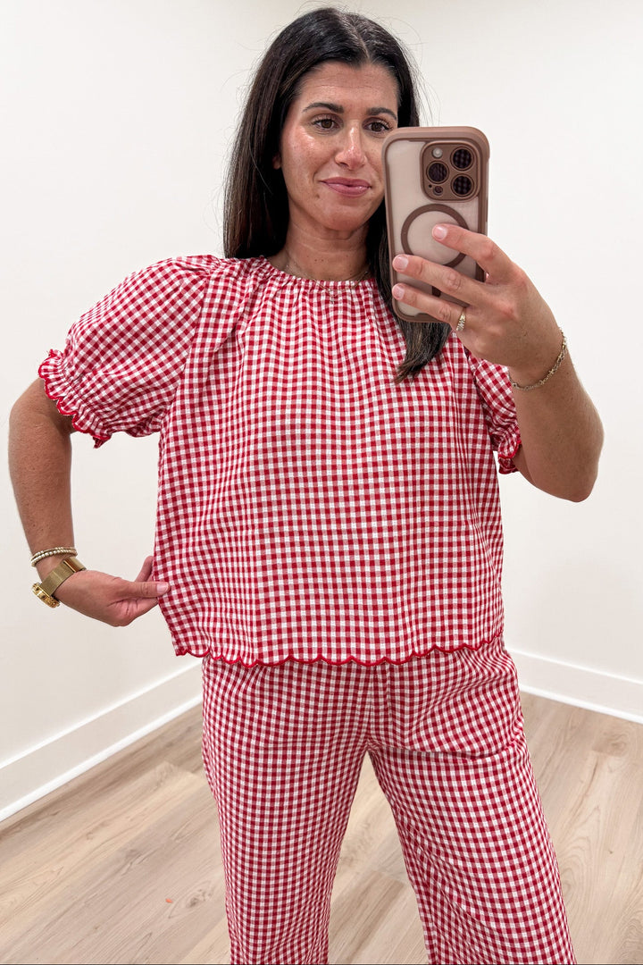 red and white gingham checkered print scalloped trim relaxed fit top and pants matching set