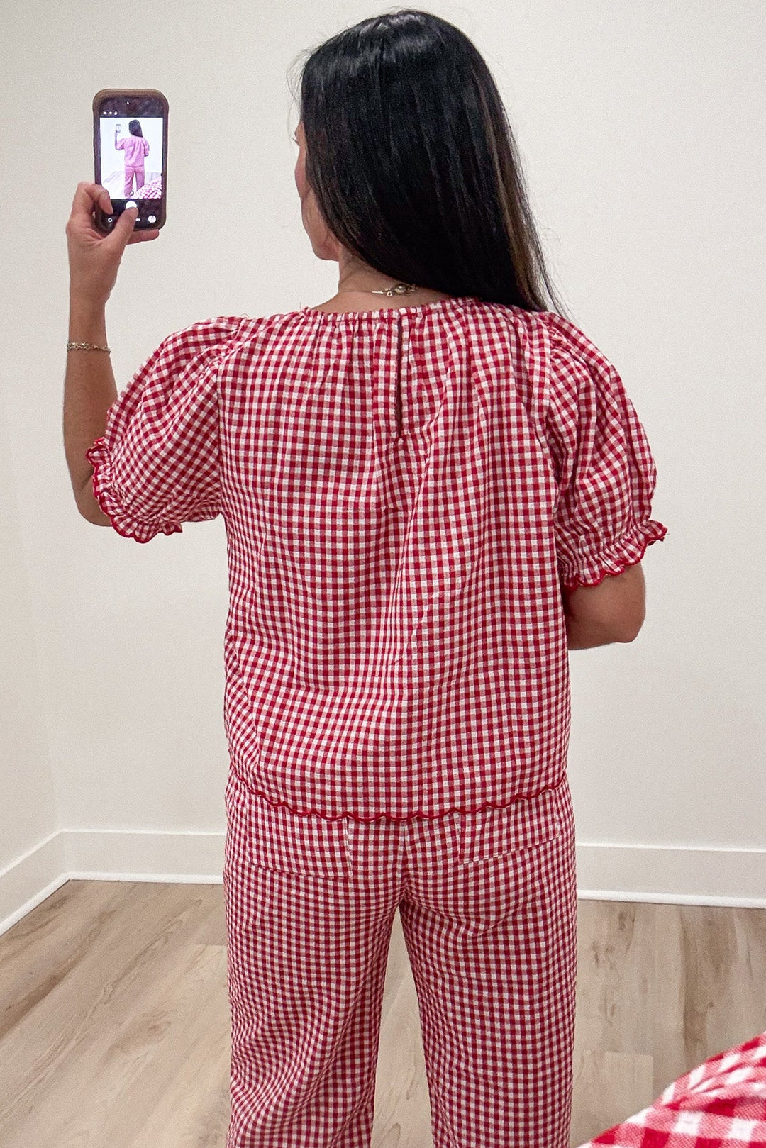 red and white gingham checkered print scalloped trim short sleeve top and pants matching set
