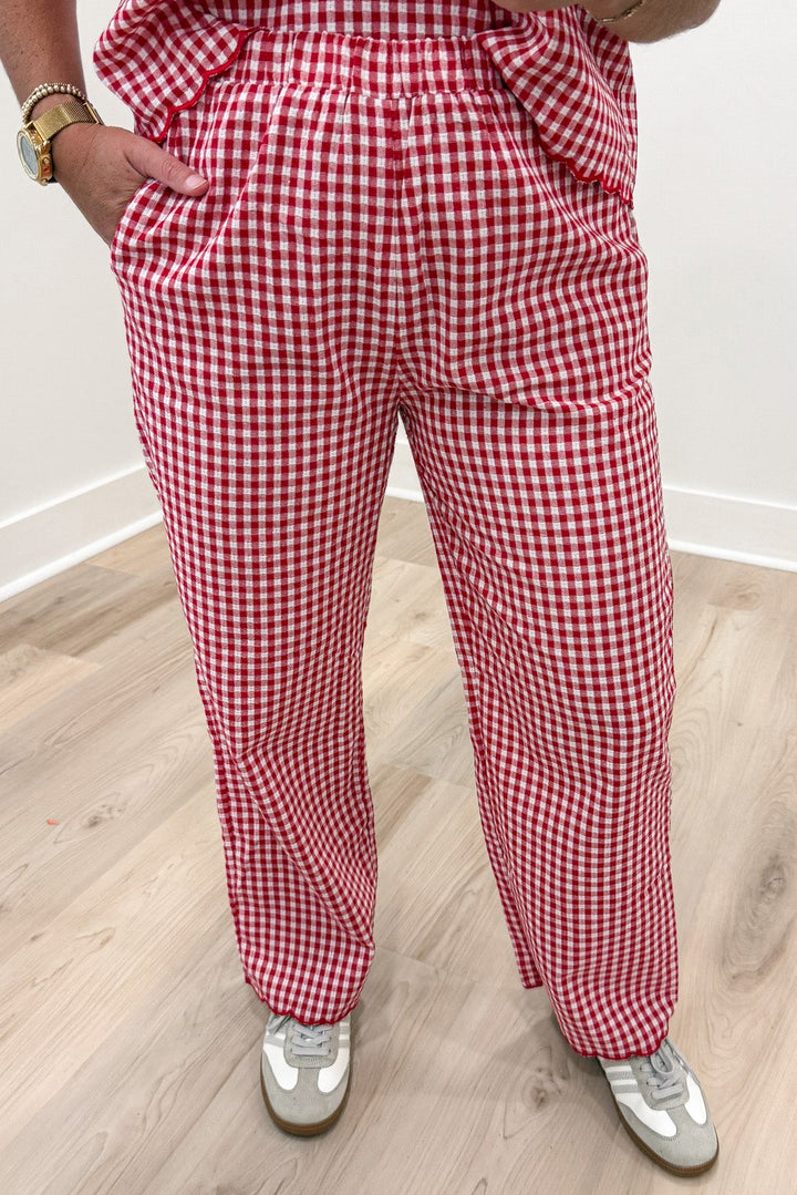 red and white gingham checkered print scalloped trim top and wide leg pants matching set