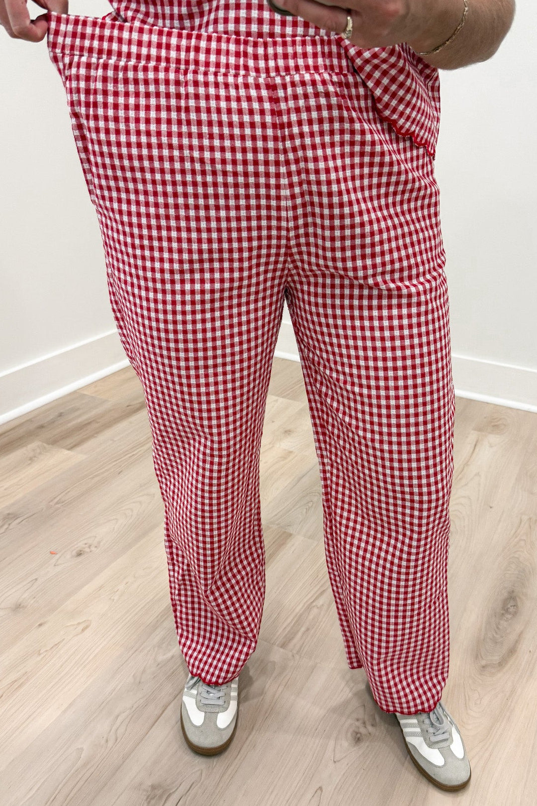 red and white gingham checkered print scalloped trim top and elastic waist pants matching set