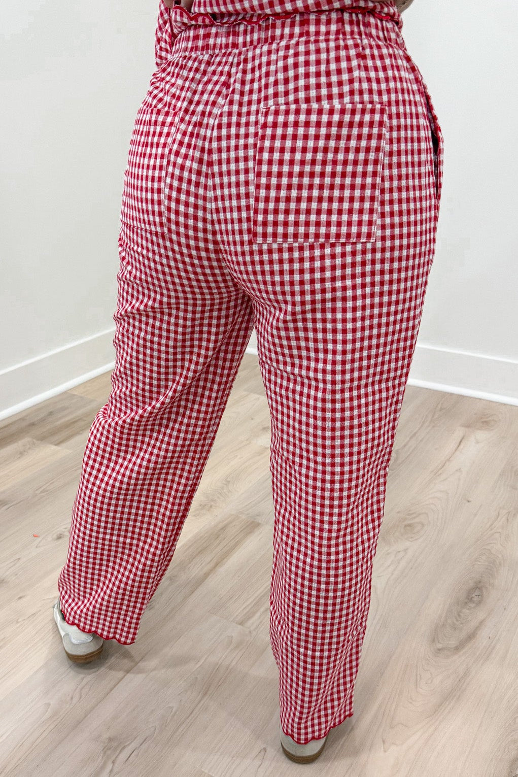red and white gingham checkered print scalloped trim top and back pocket pants matching set