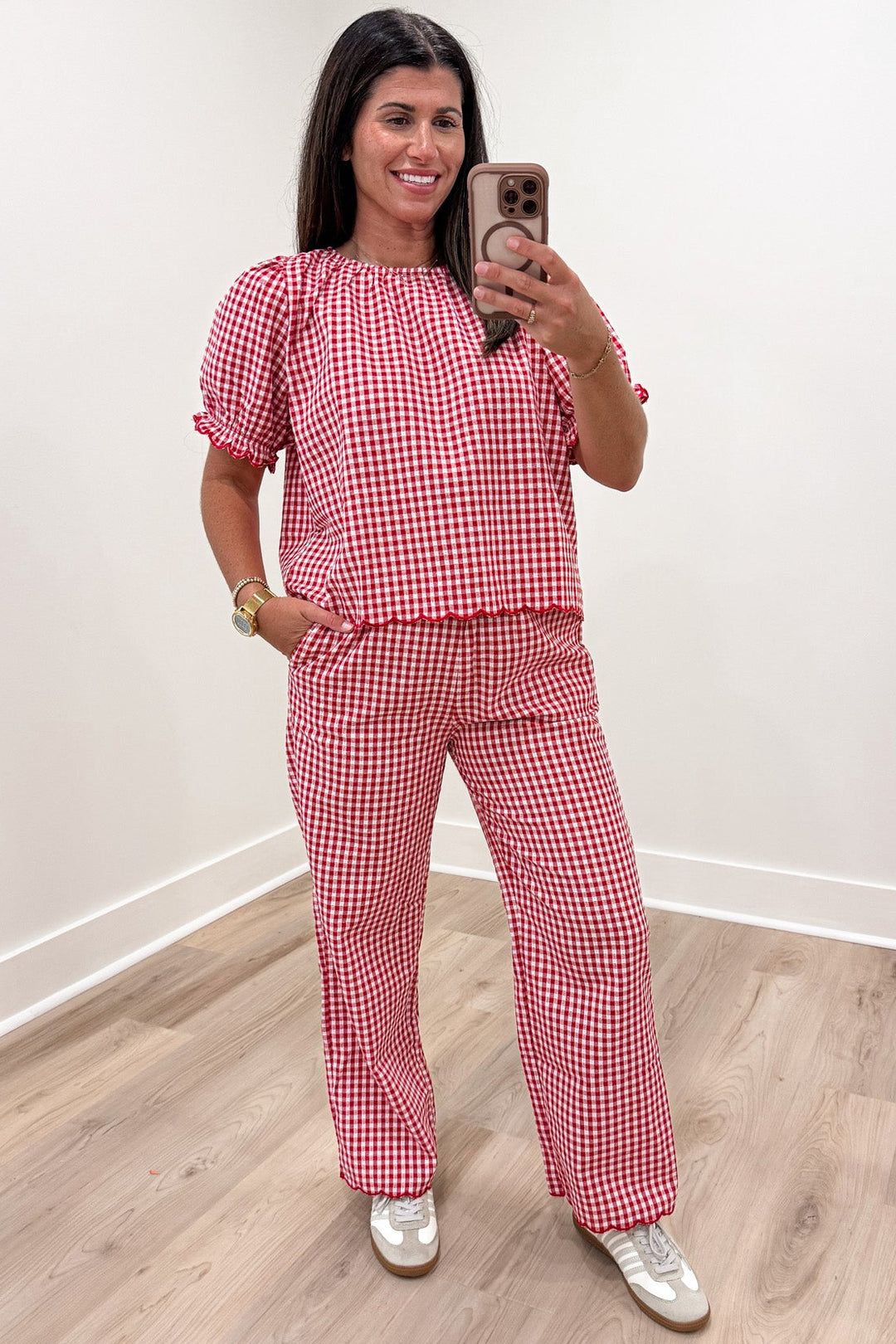 red and white gingham checkered print scalloped trim top and pants matching set
