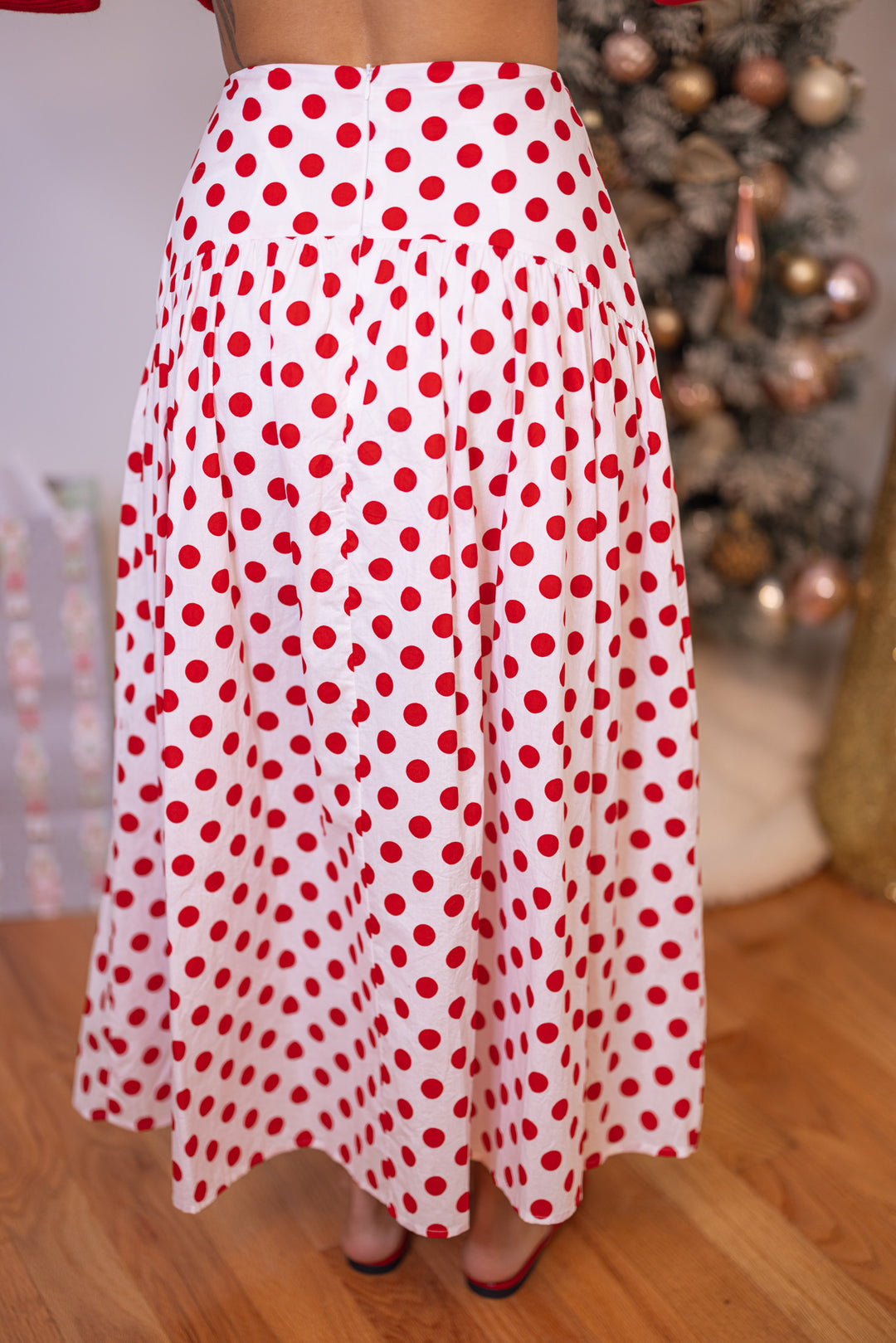 Red Polka Dot Maxi Skirt by Day + Moon showing back view