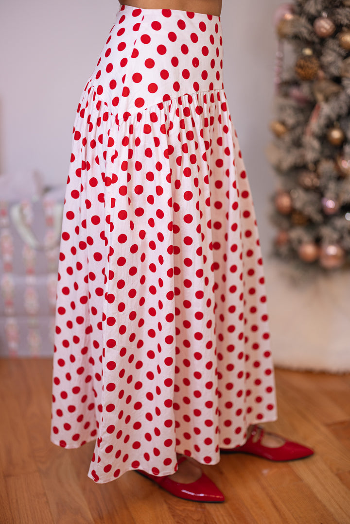 Red Polka Dot Maxi Skirt by Day + Moon showing side view