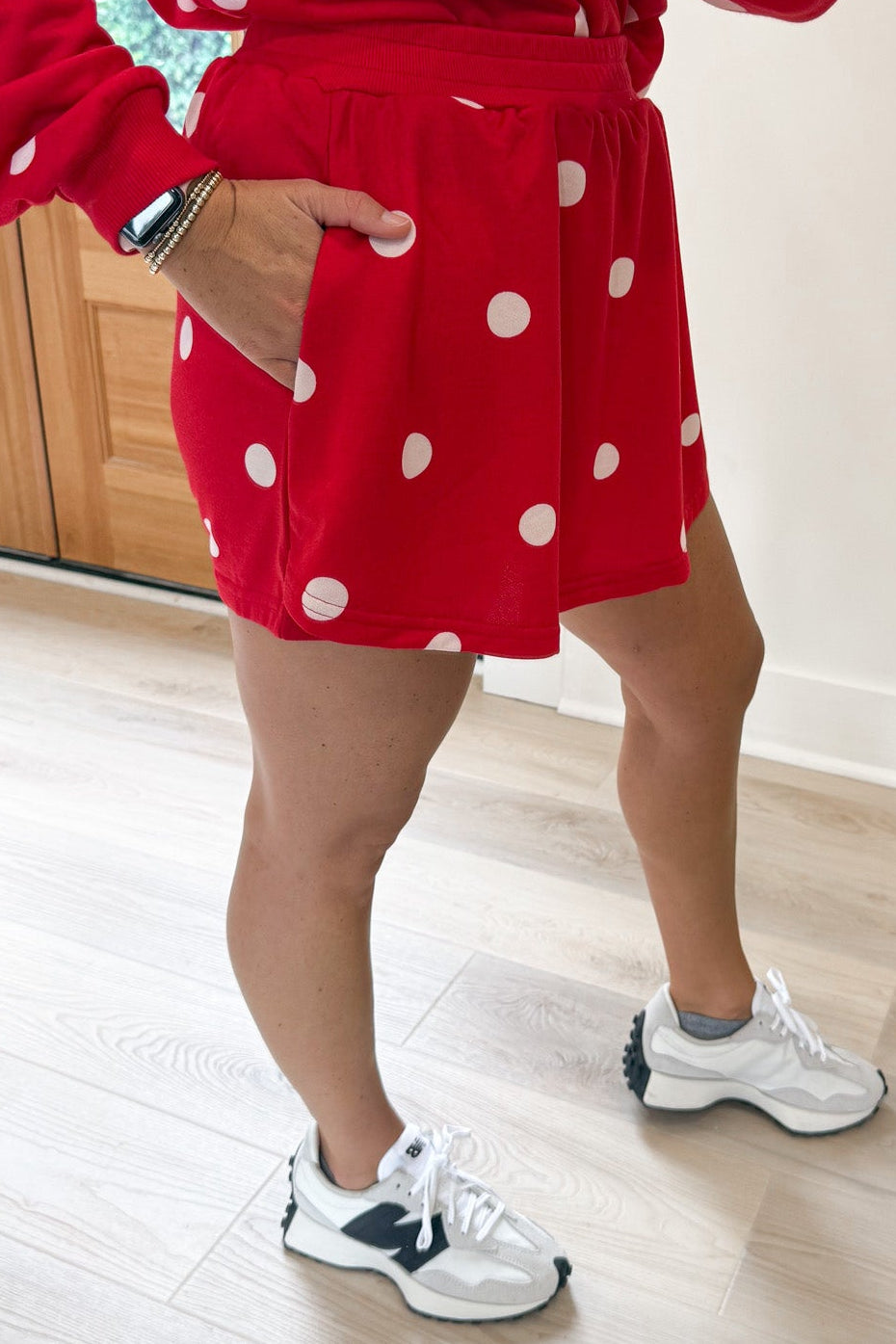 red with white polka dot print top and skort matching terry cotton knit athleisure set