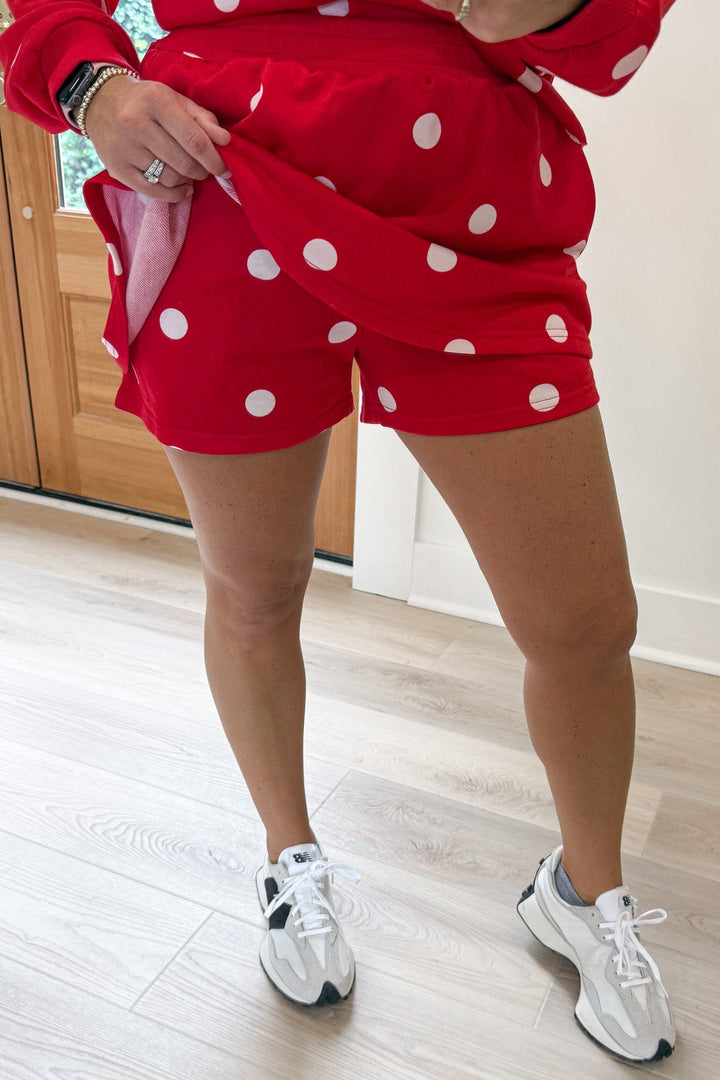 red with white polka dot print top and shorts lined skort matching terry cotton knit set