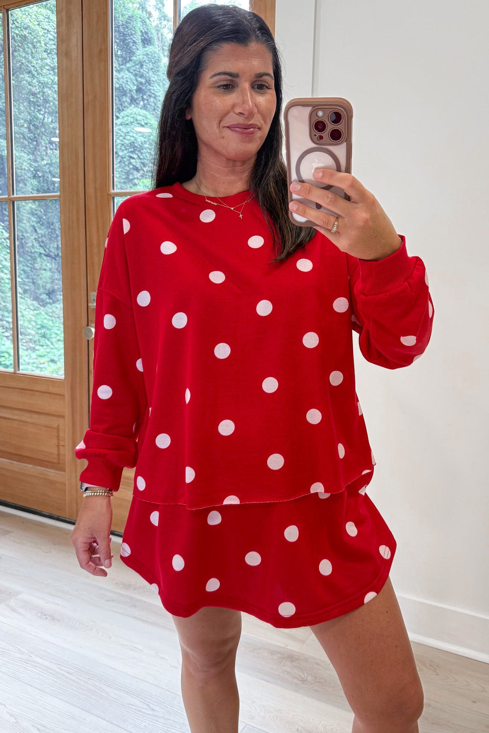 red with white polka dot print raw bottom hem top and skort matching terry cotton knit set