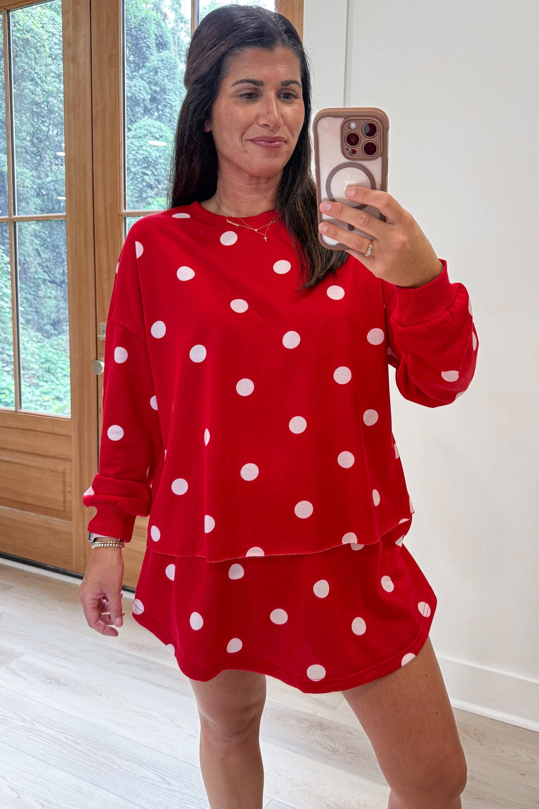 red with white polka dot print raw bottom hem top and skort matching terry cotton knit set