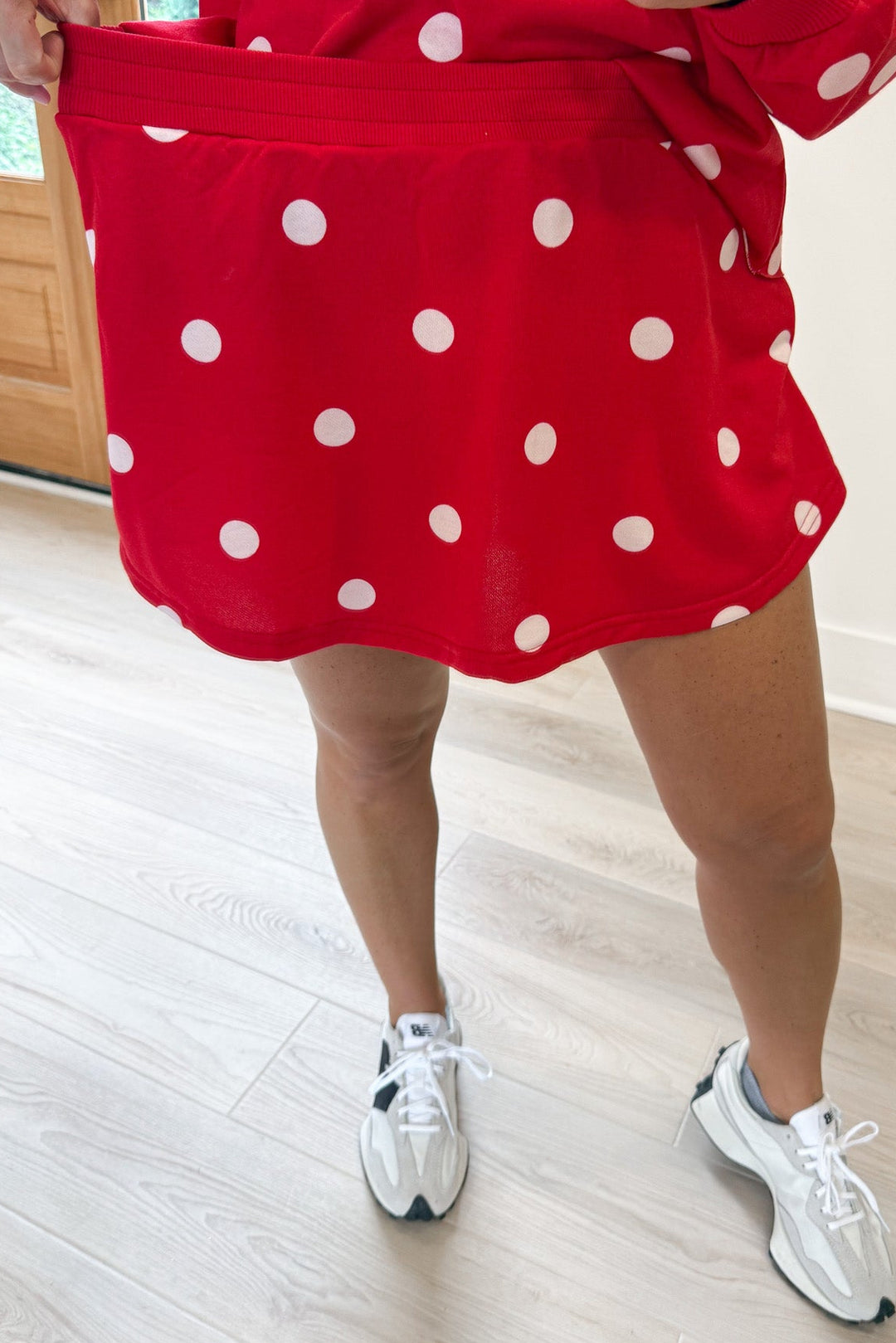 red with white polka dot print top and elastic waist skort matching terry cotton knit set