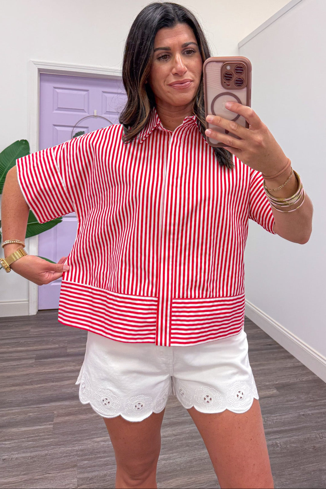 red and white striped button front relaxed boxy silhouette top
