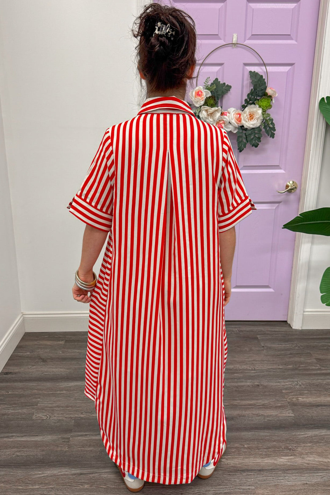 red and white striped midi dress Red Stripe Strapless Midi Dress - Event Dresses