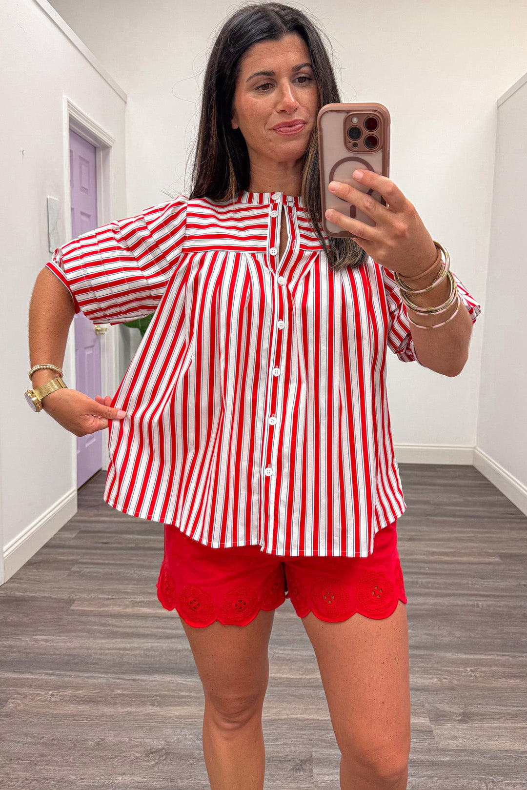 red white and blue striped pleated short puff sleeve button front relaxed silhouette top